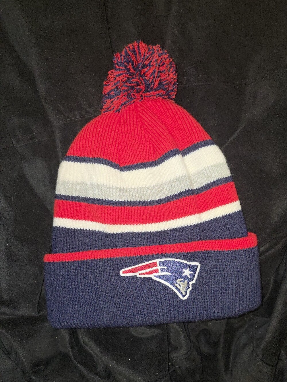 Youth Unisex Patriots Skully Pom Pom Knit Beanie - Red, White & Navy